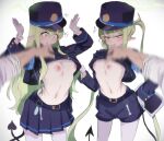  !? 2girls absurdres blonde_hair blue_archive breasts clothes_lift cowboy_shot gloves halo hands_up hat highres long_hair motion_blur multiple_girls navel nipples no_bra peaked_cap pointy_ears shirt_lift siblings small_breasts spacetazune surprised twins twintails white_gloves yellow_halo 