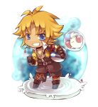  1boy ball belt black_belt black_gloves black_pants blonde_hair blue_eyes bubble chibi chibi_only clenched_hand collarbone final_fantasy final_fantasy_x gloves grin holding holding_ball jewelry kotorai looking_at_viewer male_focus moogle necklace no_nose pants smile tidus 