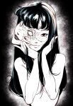 1girl black_hair body_horror breasts character_request commentary english_commentary greyscale hand_on_own_face highres horror_(theme) junji_ito_collection long_hair mole mole_under_eye monochrome obj_shep tomie too_many_eyes topless 