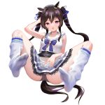  1girl :3 absurdres anchor_necklace animal_ears arm_up armpits bare_shoulders belt blue_bow blue_bowtie blue_capelet blue_ribbon bow bowtie brown_belt brown_hair capelet commentary_request covered_navel ear_covers feet foot_focus from_side full_body hair_between_eyes hair_ribbon highres horse_ears horse_girl jewelry long_hair looking_at_viewer loose_socks multicolored_hair necklace purple_eyes ribbon sailor_collar sailor_shirt shirt sidelocks single_ear_cover skirt sleeveless sleeveless_shirt socks solo streaked_hair transparent_background twintails umamusume vividrabbit vivlos_(umamusume) white_hair white_shirt white_skirt white_socks 