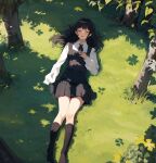  1girl amputee belt belt_buckle black_belt black_dress black_ribbon black_socks buckle chainsaw_man closed_eyes collared_shirt commentary dress english_commentary fourth_east_high_school_uniform grass highres long_hair lying mitaka_asa ms_tsukii neck_ribbon no_shoes pinafore_dress ribbon school_uniform shirt sleeping sleeveless sleeveless_dress socks solo sunlight white_shirt 