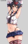  1girl absurdres armpits arms_behind_head arms_up asymmetrical_hair black_hair black_neckerchief black_panties blue_sailor_collar blue_skirt breasts cosplay crop_top elbow_gloves gloves hair_between_eyes highleg highleg_panties highres i-14_(kancolle) kantai_collection looking_at_viewer microskirt mizuki_(uzuki_no_sato) navel neckerchief panties pleated_skirt sailor_collar shimakaze_(kancolle) shimakaze_(kancolle)_(cosplay) short_hair skirt small_breasts solo striped_clothes striped_thighhighs thighhighs thong underwear white_gloves 