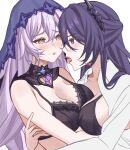  2girls acheron_(honkai:_star_rail) bare_shoulders black_bra black_swan_(honkai:_star_rail) bra chinoa commentary_request highres honkai:_star_rail honkai_(series) hug multiple_girls purple_eyes purple_hair shirt simple_background tongue tongue_out underwear unfinished veil white_background white_shirt yellow_eyes yuri 