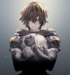  1boy ahoge armor backlighting bishounen brown_hair death decapitation fingerless_gloves game_cg gloves granblue_fantasy grey_background hair_between_eyes hood hood_down hug injury lucifer_(shingeki_no_bahamut) male_focus messy_hair minaba_hideo official_art red_eyes sandalphon_(granblue_fantasy) scar severed_head shadow short_hair simple_background spoilers third-party_source white_hair 