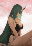  arknights between_legs black_corset black_panties breasts cherry_blossoms corset green_hair hand_between_legs highres horns hoshiguma_(arknights) kissshotmagia large_breasts long_hair looking_at_viewer looking_to_the_side oni panties single_horn sitting underwear very_long_hair yellow_eyes 