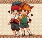  2boys ball black_pants blush brothers brown_eyes brown_hair chibi chibi_only endou_kanon endou_mamoru full_body green_eyes green_shirt grey_footwear headband heart holding holding_ball inazuma_eleven inazuma_eleven_(series) kotorai locked_arms male_focus multiple_boys orange_headband pants red_headband shirt short_hair shorts siblings smile soccer_ball soccer_uniform socks sportswear white_socks 