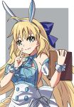  1girl ahoge animal_ears apron artoria_caster_(fate) artoria_caster_(swimsuit)_(fate) artoria_caster_(swimsuit)_(second_ascension)_(fate) artoria_pendragon_(fate) backless_dress backless_outfit bare_shoulders blonde_hair blue_dress breasts commentary_request detached_sleeves dress fake_animal_ears fate/grand_order fate_(series) green_eyes halter_dress halterneck index_finger_raised kyudo6850 long_hair looking_at_viewer medium_breasts rabbit_ears short_sleeves smile solo upper_body very_long_hair waist_apron white_apron wrist_cuffs 