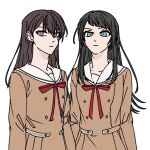  2girls a_jak bang_dream! bang_dream!_it&#039;s_mygo!!!!! black_hair blue_eyes brown_dress brown_hair closed_mouth dress expressionless hanasakigawa_school_uniform korean_commentary long_hair long_sleeves mole mole_under_eye multiple_girls neck_ribbon purple_eyes red_ribbon ribbon sailor_collar school_uniform shiina_taki simple_background upper_body white_background white_sailor_collar yahata_umiri 