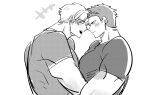  2boys ao_isami bara blush couple facial_hair forehead-to-forehead from_side greyscale happy heads_together large_pectorals laughing lewis_smith male_focus medium_sideburns monochrome multiple_boys muscular muscular_male paya_genko_man pectoral_docking pectoral_press pectorals sideburns_stubble sketch stubble thick_eyebrows upper_body yaoi yuuki_bakuhatsu_bang_bravern 