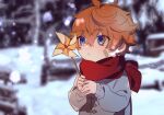  1boy aged_down ahoge bandaid bandaid_on_cheek bandaid_on_face bare_tree blue_eyes blurry blurry_background blush child closed_mouth commentary_request crossed_bangs genshin_impact grey_jacket hair_between_eyes hands_up highres holding_pinwheel jacket long_sleeves male_focus orange_hair outdoors pinwheel plus_q puffy_long_sleeves puffy_sleeves red_scarf scarf short_hair snow snowing solo tartaglia_(genshin_impact) tree upper_body winter 