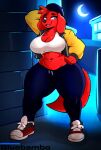 anthro baseball_cap big_breasts blue_eyes bluebambo breasts canid canine canis clothing domestic_dog female floppy_ears footwear fur hat headgear headwear hi_res jacket light mammal moon moonlight navel night red_body red_fur shoes slightly_chubby sneakers solo sweatpants thick_thighs topwear wide_hips