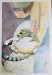  animal animal_focus animal_hands cat highres no_humans original painting_(medium) pillow sabi_bobtail stretching traditional_media watercolor_(medium) whiskers 