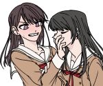  2girls a_jak bang_dream! bang_dream!_it&#039;s_mygo!!!!! black_hair blush brown_dress brown_hair clenched_teeth closed_eyes commentary_request covering_another&#039;s_mouth dress hanasakigawa_school_uniform hand_over_another&#039;s_mouth kiss kissing_hand korean_commentary long_hair multiple_girls neck_ribbon purple_eyes red_ribbon ribbon sailor_collar school_uniform shiina_taki simple_background sweatdrop teeth white_background white_sailor_collar yahata_umiri yuri 