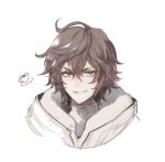  1boy ahoge bishounen brown_hair coffee_cup commentary commentary_request cup disposable_cup doodle_inset evil_smile furrowed_brow granblue_fantasy gucha_(netsu) hair_between_eyes hood male_focus messy_hair parted_lips portrait red_eyes sandalphon_(granblue_fantasy) short_hair smile solo_focus sweater turtleneck white_background white_sweater 