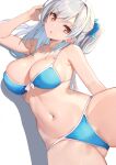  1girl ass_visible_through_thighs bare_shoulders bikini blue_bikini blush breasts cameltoe cleavage front-tie_bikini_top front-tie_top frown hair_ribbon highres large_breasts long_hair looking_at_viewer navel open_mouth original red_eyes ribbon rikudou_inuhiko swimsuit white_hair 