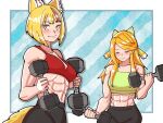  2girls abs animal_ears blonde_hair bob_cut closed_mouth commission crop_top dumbbell etie_(fire_emblem) exercise fire_emblem fire_emblem_engage fire_emblem_fates fox_ears fox_girl fox_tail mnejing30 multiple_girls selkie_(fire_emblem) sports_bra tail weightlifting yellow_eyes 