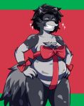 anthro belly black_hair breasts canid canine canis chest_tuft christmas christmas_clothing clothing eyes_closed female festive fluffy fluffy_tail fur grey_body grey_fur hair hands_on_hips holidays intersex_(lore) lilithdog mammal ribbed_clothing ribbons slightly_chubby slightly_chubby_female smile solo spots standing tail thick_thighs toothy_grin tuft white_belly wolf zairuz