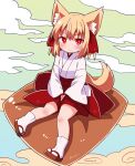  1girl animal_ears blonde_hair closed_mouth cloud commentary_request cushion fox_ears fox_girl fox_tail full_body geta hakama highres japanese_clothes kimono long_sleeves looking_at_viewer miko obi original red_eyes red_hakama red_sash sash short_hair sitting smile socks solo tabi tail white_kimono white_socks wide_sleeves yukinagi 