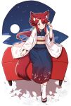  1girl animal_ears blue_kimono closed_mouth cloud commentary_request couch floral_print fox_ears fox_girl fox_tail full_body full_moon geta haori highres jacket japanese_clothes kimono light_blush long_hair moon night night_sky obi original ponytail red_eyes red_hair red_ribbon red_tail ribbon sash sitting sky smile solo star_(sky) tabi tail white_background white_jacket yukinagi 