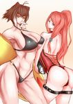  animal_ears antenna_hair arakune ass bare_shoulders bikini blazblue blue_eyes breasts brown_eyes brown_hair cameo contrapposto cowboy_shot crotch_zipper food highres huge_breasts lace-up makoto_nanaya multicolored_hair multiple_girls no_tail nontan_(nontanexx) one-piece_swimsuit ponytail popsicle red_hair short_hair squirrel_ears standing swimsuit tail thick_thighs thigh_strap thighs tsubaki_yayoi two-tone_hair underboob white_hair zipper 