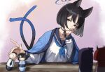  1girl animal_ears black_eyes black_hair black_nails blue_archive blue_neckerchief blurry blurry_foreground breasts cat_ears cat_tail character_doll choker doodle_sensei_(blue_archive) halo haori head_rest highres jacket jacket_on_shoulders japanese_clothes kikyou_(blue_archive) long_sleeves multiple_tails neckerchief renge_(blue_archive) ribbon_choker sailor_collar sensei_(blue_archive) shirt short_hair small_breasts solo table tail upper_body white_shirt yakupan yukari_(blue_archive) 