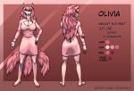 absurd_res anthro big_breasts big_butt breasts butt canid canine claws clothed clothing colored dress english_text female fox hair hi_res long_hair mammal model_sheet multi_tail olivia_(oliviamancer) pink_body pink_hair smile solo sunny_frostwolf tail text trans_(lore) trans_woman_(lore) white_body