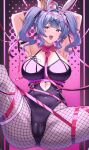  1girl absurdres ace_(playing_card) ace_of_hearts animal_ears arm_strap armpits arms_up bare_shoulders black_leotard blue_eyes blue_hair blush bow bowtie breasts broken_handcuffs card clothing_cutout cuffs cutout_above_navel detached_collar elina_(eri15) fake_animal_ears fishnet_thighhighs fishnets hair_ornament handcuffs hatsune_miku heart heart_cutout highres large_breasts leotard long_hair looking_at_viewer object_in_bra open_mouth pantyhose pink_pupils playboy_bunny playing_card pole rabbit_ears rabbit_hole_(vocaloid) restrained smile solo spread_legs spring_rider stomach_cutout stripper_pole teardrop_facial_mark thighhighs twintails vocaloid x_hair_ornament 