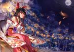  alternate_costume bare_shoulders black_hair bow detached_sleeves floral_print forest full_moon hair_bow hair_tubes hakurei_reimu japanese_clothes kimono long_sleeves moon nature night obi petals red_eyes sash sitting sky solo tg touhou wide_sleeves 