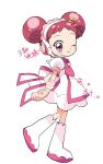  1girl apron asa_yuki523 blush boots closed_mouth double_bun dress full_body hair_bun hair_ornament harukaze_doremi headset knee_boots looking_at_viewer musical_note musical_note_hair_ornament ojamajo_doremi one_eye_closed pink_eyes pink_hair pink_scarf puffy_short_sleeves puffy_sleeves scarf short_hair short_sleeves simple_background smile solo standing translation_request white_apron white_background white_dress white_footwear 