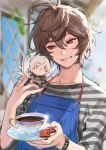  1boy ahoge apron beach bishounen blue_eyes brown_hair chibi chibi_on_shoulder chocolate coffee coffee_cup commentary commentary_request cup denim disposable_cup feathered_wings granblue_fantasy hair_between_eyes holding holding_plate lucifer_(shingeki_no_bahamut) male_focus plate red_eyes sandalphon_(granblue_fantasy) sandalphon_(server_of_a_sublime_brew)_(granblue_fantasy) shirt short_hair smile spoken_flower striped_clothes striped_shirt tki upper_body vertical-striped_clothes vertical-striped_shirt white_hair white_wings wings 