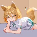 1girl 999_(hansode) animal_ears blonde_hair blush color_guide fox_ears fox_tail highres kudamaki_tsukasa looking_at_viewer open_mouth pixel_art romper short_hair short_sleeves smile solo tail touhou white_romper yellow_eyes 