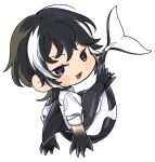  1girl animal_feet animal_hands black_hair black_leggings blue_eyes cetacean_tail chibi collared_shirt commentary_request dorsal_fin fins fish_tail full_body hair_ornament leggings long_hair looking_at_viewer looking_back monster_girl multicolored_hair no_sclera open_mouth orca_girl original rramarukun sharp_teeth shirt simple_background solo streaked_hair tail teeth webbed_feet webbed_hands white_background white_hair white_shirt 