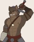 abs alpha_channel anthro bandage bandaged_arm brown_eyes canid canine canis clenched_teeth erof_(far_beyond_the_world) ghosty_cult holding_object holding_sword holding_weapon male mammal melee_weapon muscular muscular_anthro muscular_male nipples pendant shirtless shirtless_anthro shirtless_male simple_background solo standing sword sword_on_back teeth transparent_background weapon wolf