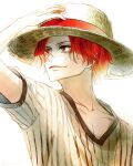  1boy aged_down artist_name buaspace closed_mouth collarbone hand_on_headwear hat highres instagram_username male_focus one_piece red_eyes red_hair shanks_(one_piece) short_hair smile solo straw_hat 