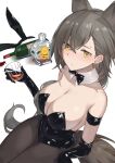  1girl alcohol alternate_costume animal_ears arknights armband black_armband black_bow black_bowtie black_gloves black_leotard black_pantyhose bottle bow bowtie breasts cleavage closed_mouth commentary_request crossed_bangs cup detached_collar drinking_glass ear_bar ear_piercing elbow_gloves extra_ears fake_animal_ears gloves highres holding holding_cup kozeni_isari large_breasts latex latex_gloves latex_leotard leotard looking_at_viewer mole_above_eye pantyhose penance_(arknights) piercing playboy_bunny rabbit_ears simple_background solo strapless strapless_leotard tail unworn_headwear white_background wine_bottle wolf_ears wolf_girl wolf_tail yellow_eyes 