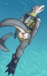 anthro banana_da_boi bodysuit bubble butt clothing dinosaucers dinosaur dorsal_fin fin flippers grey_body hi_res ichy_(dinosaucers) looking_at_viewer male nostrills open_mouth pink_tongue removing_underwear reptile scalie skinsuit solo tail tight_clothing tongue underwater underwear undressing water
