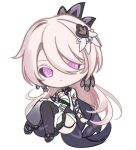  1girl black_footwear black_sclera black_thighhighs chibi closed_mouth colored_sclera dress full_body hair_over_one_eye honkai_(series) honkai_impact_3rd knees_together_feet_apart light_brown_hair long_hair looking_at_viewer pink_eyes potato_258 sa_(honkai_impact) shoes short_sleeves simple_background sketch solo thighhighs very_long_hair white_background white_dress 