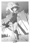  absurdres arm_up armpits bandaid bandaid_on_clothes bandaid_on_knee bandaid_on_nose bracelet bug butterfly full_body grass greyscale hand_net hat highres insect jewelry loose_thighhigh monochrome one-piece_swimsuit ribbon school_swimsuit shoes sneakers stag_beetle straw_hat submarine swimsuit thigh_gap thighhighs thighs tree watanabe_akio watercraft 