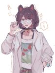 ! 1girl animal_ears black_choker blue_nails brown_hair chinese_commentary choker coat coke-bottle_glasses collarbone commentary_request dog_ears glasses hand_in_pocket hand_up heterochromia highres inui_toko lab_coat lingyi long_hair nijisanji open_mouth red_eyes shirt smile solo spoken_exclamation_mark twintails upper_body virtual_youtuber white_coat white_shirt yellow_eyes 