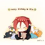  bird bug butterfly chibi closed_eyes dated dolphin duck free! grin happy_birthday head_wreath insect matsuoka_rin mukkun orca penguin red_hair sea_otter shark sitting smile whale_shark 