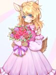 2024 absurd_res anthro blonde_hair blue_eyes bouquet clothing deer dress female flower frilly frilly_clothing frilly_dress hair hi_res long_dress long_hair looking_at_viewer mammal pink_clothing pink_dress plant roadkill_(sufficient) scut_tail short_tail simple_background solo spots svetkaabdurakhmanova tail tan_body white_background white_spots