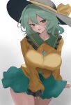  1girl absurdres blush breasts commentary_request gradient_background green_eyes green_skirt grey_background hat hat_ribbon highres komeiji_koishi large_breasts long_sleeves looking_at_viewer moriforest1040 open_mouth ribbon shirt skirt solo touhou yellow_ribbon yellow_shirt 