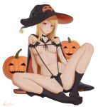  1girl arm_support arms_behind_back bell black_cape black_hat black_slingshot_swimsuit black_socks blonde_hair breasts cape closed_mouth full_body halloween_costume hat highres jack-o&#039;-lantern knees_apart_feet_together long_hair looking_at_viewer medium_breasts navel neck_bell orange_eyes pumpkin quilm sakura-sou_no_pet_na_kanojo shiina_mashiro signature simple_background sitting slingshot_swimsuit socks solo spread_legs swimsuit thighs white_background witch_hat 