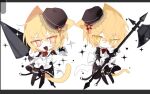  1boy 1girl animal_ears axe beret black_dress black_footwear black_gloves black_hat blonde_hair boots bow bowtie cat_ears cat_tail chibi don_quixote_(project_moon) dress flower gloves hand_up hat hat_flower holding holding_axe holding_polearm holding_weapon id_card lance lemonail limbus_company maid open_mouth polearm project_moon red_bow red_bowtie simple_background sinclair_(project_moon) smile sparkle tactical_maid tail thigh_boots unconventional_maid weapon white_background yellow_eyes 