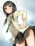  akino_shuu angel_exercise black_hair blush cardigan green_eyes hands_on_hips low_twintails necktie open_cardigan open_clothes open_mouth shirobako shirt skirt solo twintails yasuhara_ema 