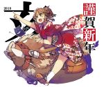  1girl 2019 blue_eyes blush boar breasts brown_hair commentary_request floral_print flower full_body hair_flower hair_ornament happy_new_year horns japanese_clothes kimono new_year obi open_mouth pointing pointing_forward ragnarok_online riding saddle saddlebags sandals sash socks solo_focus tusks updo whitesmith xration 