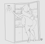 absurd_res appliance big_breasts big_butt black_and_white breasts butt female floppy_ears food fridge hi_res huge_breasts kitchen_appliance lagomorph leporid line_art looking_away lop_ears mammal monochrome rabbit remmy_(remybunny) scut_tail short_tail solo standing tail thinking thinking_emoji vant_talon