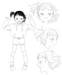  1girl blush child drawstring expressions fang full_body grin hood hoodie legs_apart looking_at_viewer mesugaki monochrome open_mouth original profile reference_sheet satsuyo short_shorts shorts side_ponytail smile smug socks solo standing sweatdrop 