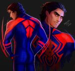  1boy 2023 artist_name black_hair blue_bodysuit bodysuit dated dazzlingjedi english_commentary grey_background hair_slicked_back hand_on_own_hip highres looking_back marvel miguel_o&#039;hara multiple_views red_bodysuit red_eyes short_hair simple_background smile spider-man:_across_the_spider-verse spider-man_(series) spider-verse thick_eyebrows two-tone_bodysuit 