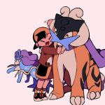  1boy :d backwards_hat chibi closed_eyes commentary ethan_(pokemon) hat jacket long_sleeves male_focus open_mouth pokemon pokemon_(creature) pokemon_gsc raikou red_jacket shoes shorts smile standing suicune symbol-only_commentary tiptoes tyako_089 white_background 